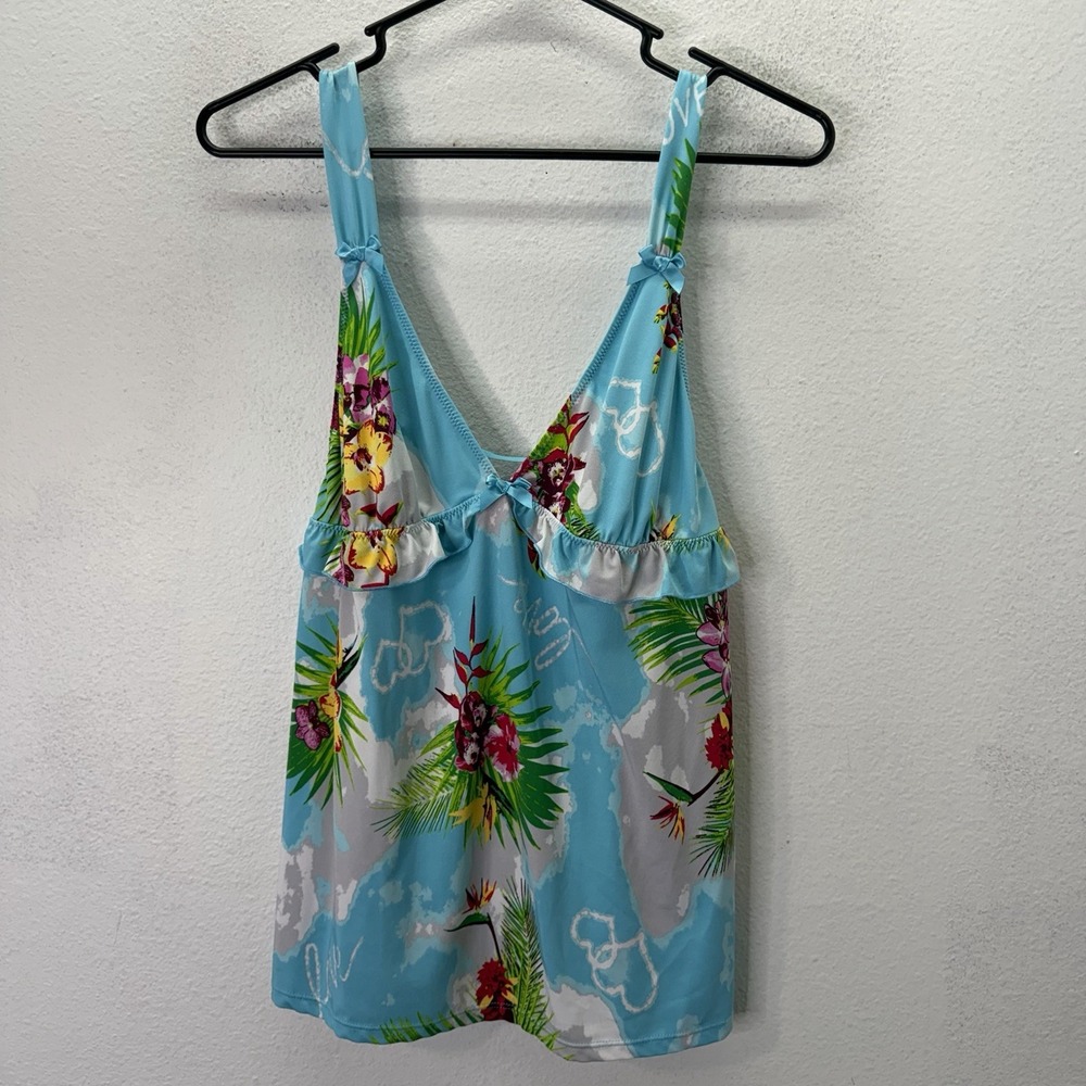 Y2k Betsey Johnson Tank Top Sz M Blue Floral Babydoll Hawaiian Tropical Ruffle